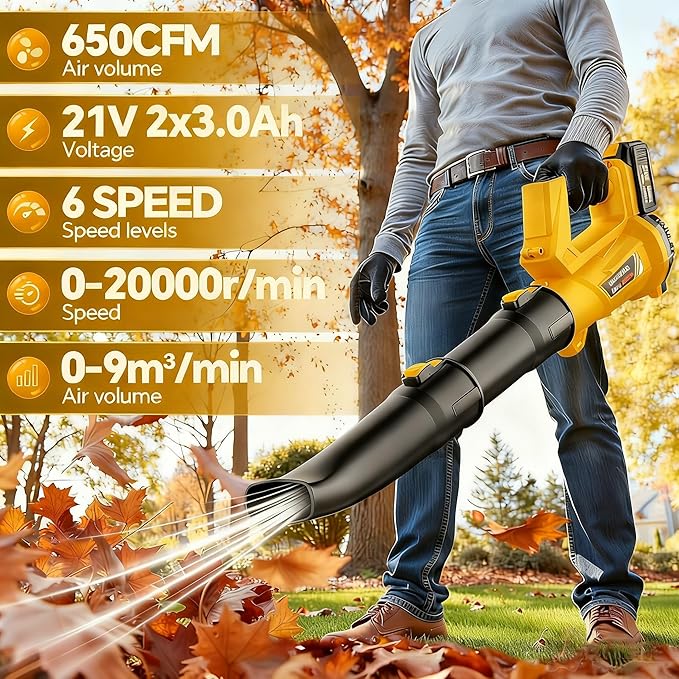 ELRINA Leaf Blower Cordless with 2 x 3.0Ah Batteries and Charger, 6-Speed Mode Lightweight Electric Blowers for Lawn Care, Yard Cleaning, Blowing Leaves, Dust, Snow Green, with Shoulder Straps