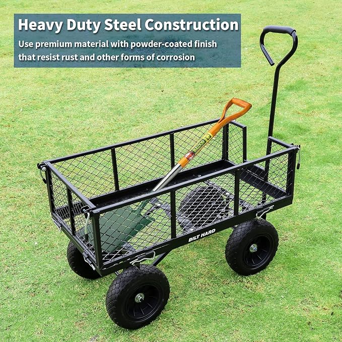 BILT HARD 880 lbs 10" Flat Free Tires Steel Garden Cart with 180° Rotating Handle and Removable Sides, Heavy Duty 4 Cu.Ft Capacity Utility Garden Carts and Wagons, Black