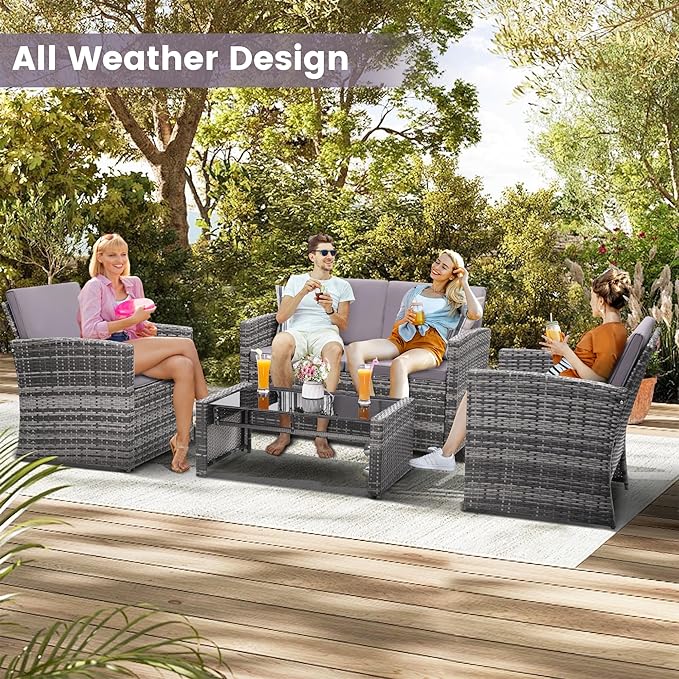 4 Pieces Patio Conversation Set, Outside Rattan Sectional Sofa, Cushioned Furniture Set, Wicker Sofa Ideal for Garden, Porch, Backyard, Grey Color Rattan and Light Grey Cushion