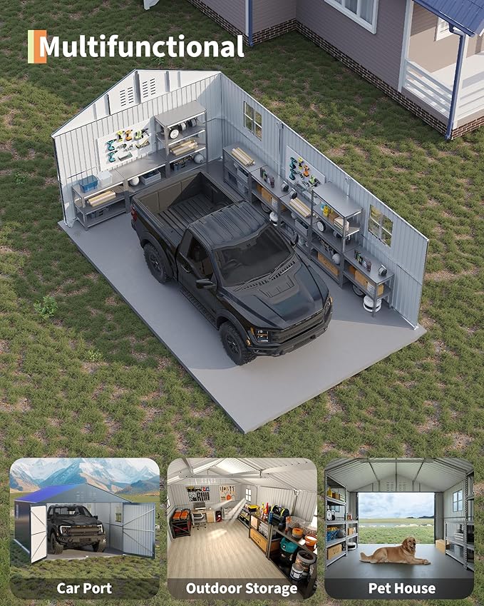 12x20 FT Metal Carport, Enclosed Car Port with Reinforced Frame and Steel Roof for All-Weather Use, Metal Garage Shed for Full-Sized Pickup Trucks