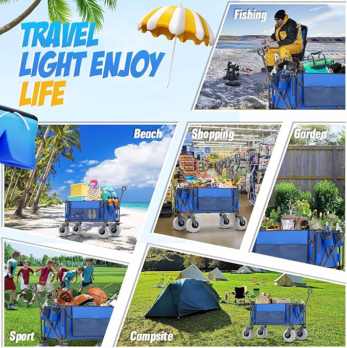 Beach Wagon with Big Wheels for Sand, 450lbs Heavy Duty Folding Wagon, Oversized 200L, 9" PVC All-Terrain Wheels, Adjustable Handle, Cooler & Storage Bags for Beach, Camping, Garden & Outdoor Sports