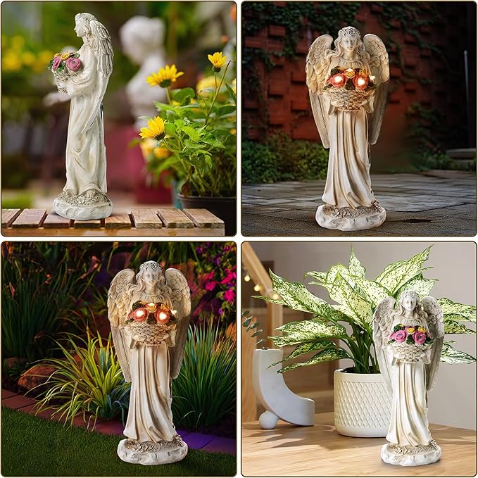 Solar Angel Garden Statue Outdoor Holding Flowers, 11.2in Waterproof Garden Figurines for Patio, Balcony, Lawn, Yard or Outdoor Garden Decoration
