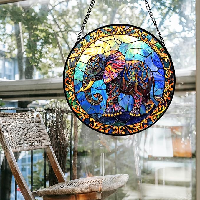 Stained Glass Window Hanging - Blue Elephant Suncatcher for Door Terrace Garden Home Decor, Yellow Retro Sun Catcher Birthday Gifts for Lovers Women Men Dad Mom Nana 9.8 in