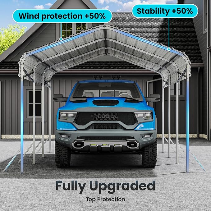10x15' Heavy Duty Metal Carport – Sturdy Structure, All-Weather Protection, Easy Assembly for Cars, Trucks, Boats, Tractors, and Outdoor Storage (White, 10x15FT)