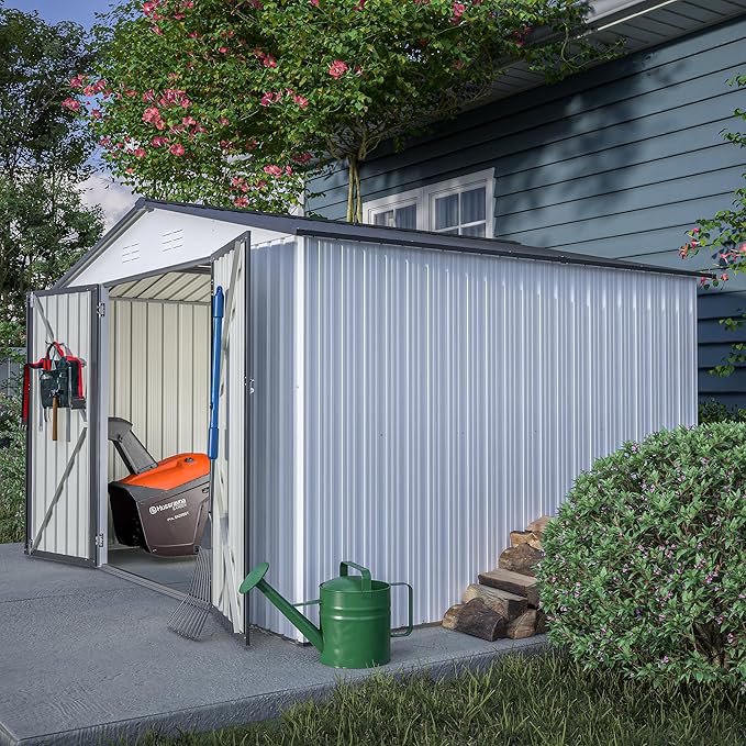 10x12 FT Metal Outdoor Storage Shed & Double Hinged Large Door - Heavy-Duty Shed with Floor, Lockable & Ventilation - Rainproof Windproof Large Utility Garden Shed for Backyard Patio Lawn