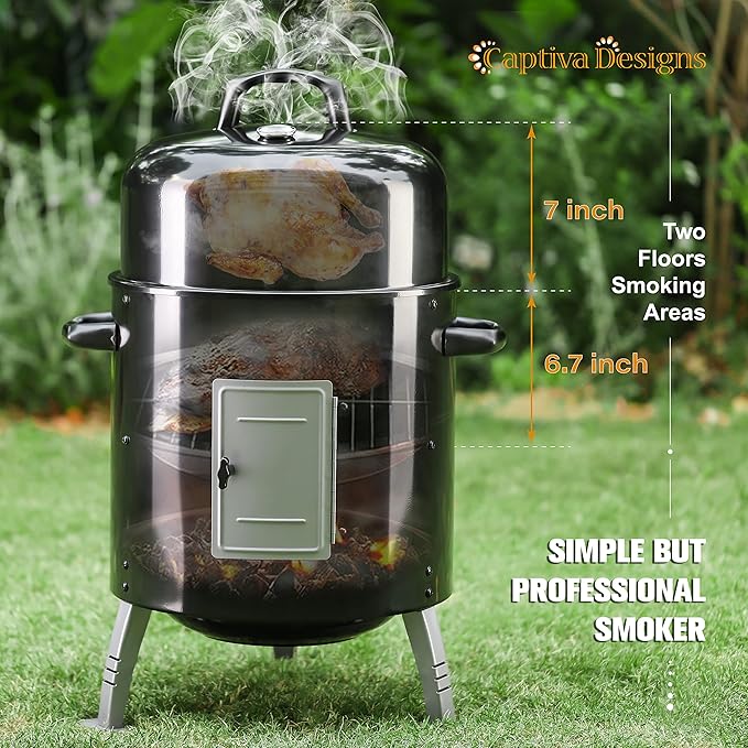 Captiva Designs 17-Inch Outdoor Vertical Smoker, Wood Chunks Smoker with Thermometer for Outdoor Cooking,Grilling,Picnic,Camping and Party