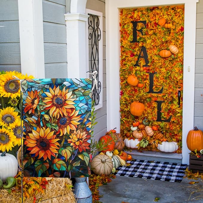 Fall Sunflower Garden Flag 12x18 Double Sided Small Autumn Flags for Outside Thanksgiving Outdoor Flag Stained Glass Floral Yard Flags Fall Porch Lawn Flags Decorative