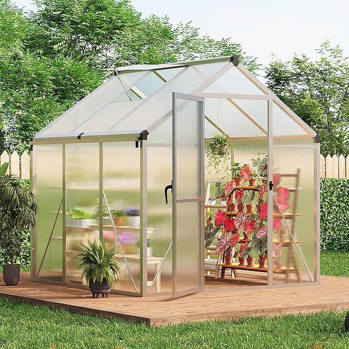 6x6 FT Greenhouse for Outdoors, Polycarbonate Greenhouse with Roof Vent, Ground Nails, Lockable Push Door, Aluminum Large Walk-in Green House for Outside Garden Backyard, Patio, Lawn, Silver
