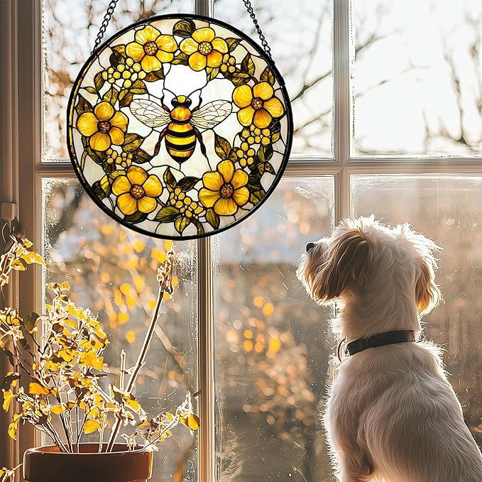 Stained Glass Window Hanging - Yellow Flowers Surrounded by Bees Sun Catcher for Door Garden Home Decor Cute Suncatcher Christmas Mother's Day Birthday Gifts for Women Men Mom Nana 11.8 in