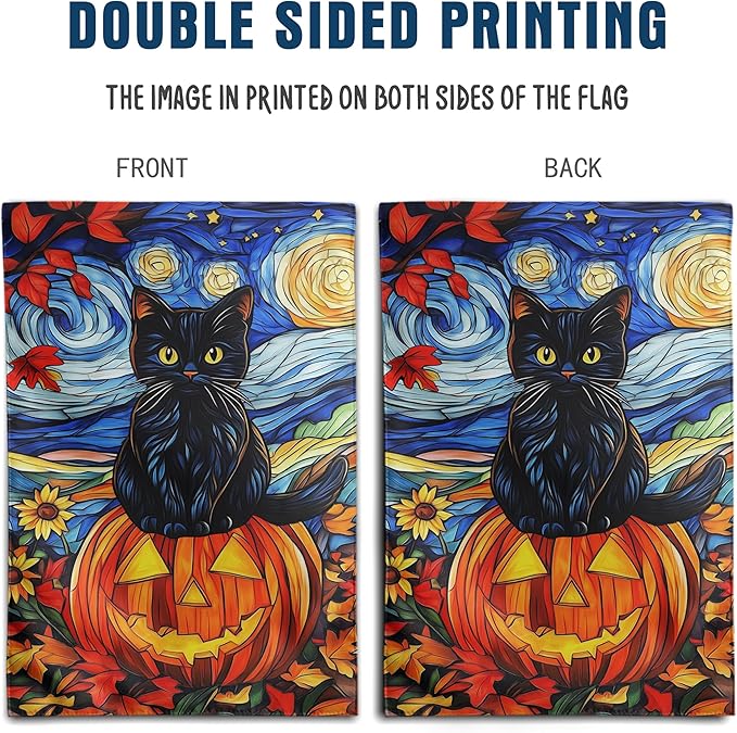 Stained Glass Black Cat Fall Garden Flag Halloween Pumpkin Yard Signs Autumn Sunflower Blue Sky Thanksgiving Banner for Outside 12x18 Double Sided Small Outdoor Decorative