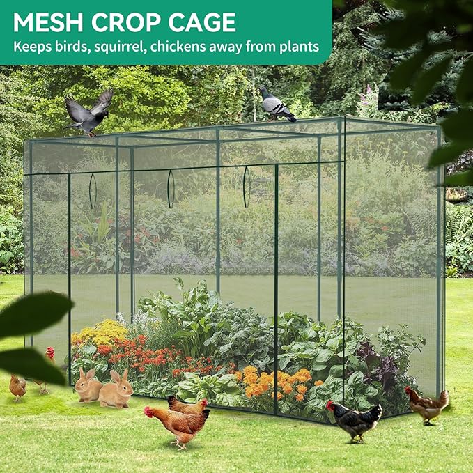 Crop Cages for Garden Plant, 9.8x3.3x6 Ft Plant Protection Netting Tent with Zippered Door, Raised Bed Cover, Garden Bed Cover with Frame, Wind-Resistant Plant Cages for Outdoor Plants