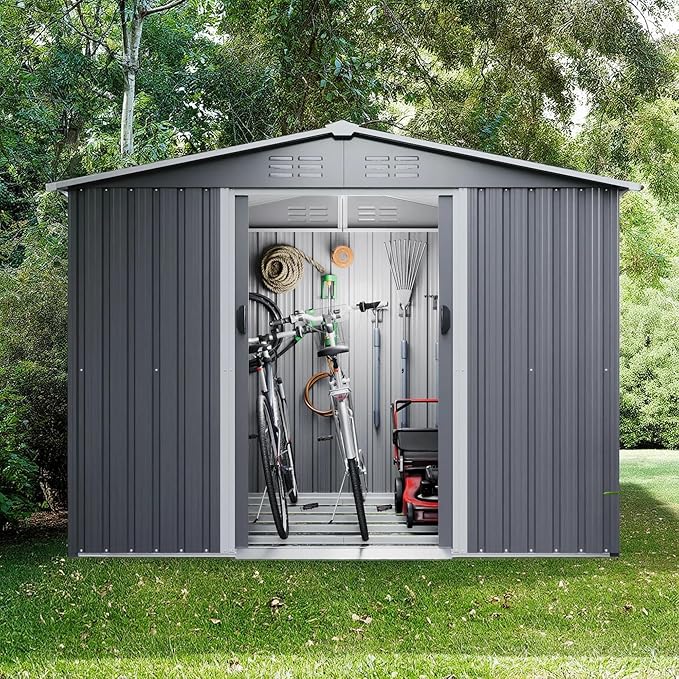 8x6 FT Outdoor Tool Storage Shed with Metal Foundation & Lockable Doors, All Weather Metal Sheds for Garden, Patio, Backyard, Lawn, Gray
