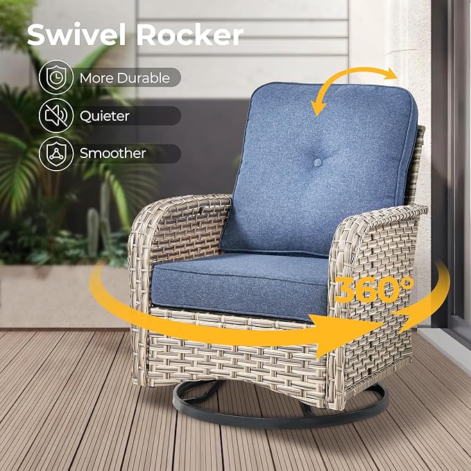 HOOOWOOO Outdoor Sectional Patio Furniture Set,9 Pieces Wicker Conversation Sets L Shaped Couch,Extra Deep Out Door Sofa Outside Furniture with Rocking Chairs,Denim Blue