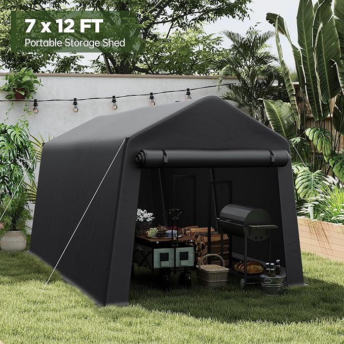 7 x 12 FT Carport Storage Shelter, Portable Garage with Slide-Open Zippered Door, Heavy-Duty Weatherproof Cover, Ideal for SUV, Lawn Mower, Garden Equipment, and Firewood