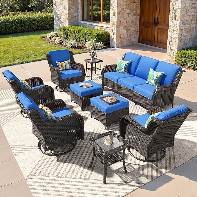 ovios 9 Pieces Patio Furniture Set, Outdoor Wicker Sofa Couch with Swivel Chairs Ottomans Comfy Cushions, All Weather High Back Modern Conversation Sets, Brown Rattan, Navy Blue