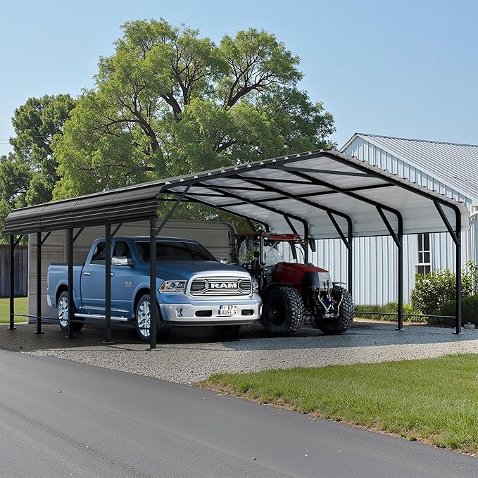 JAMFLY Carport, 20X20 FT Metal Carport, Heavy Duty Carport Canopy with Galvanized Steel Roof and Frame, Metal Carport Upgraded Extra Large Garage for Pickup, Boat, Car and Tractors