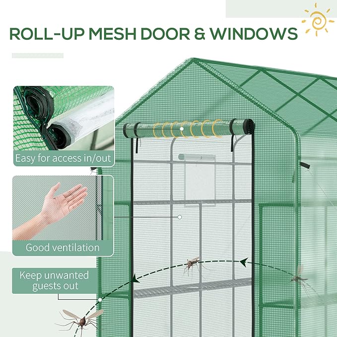 Outsunny 7' x 5' x 6' Walk-in Greenhouse for Outdoors with Mesh Door and Windows, 18 Shelf Hot House with Trellis, Plant Labels, UV Protective for Growing Flowers, Herbs, Vegetables, Saplings, Green