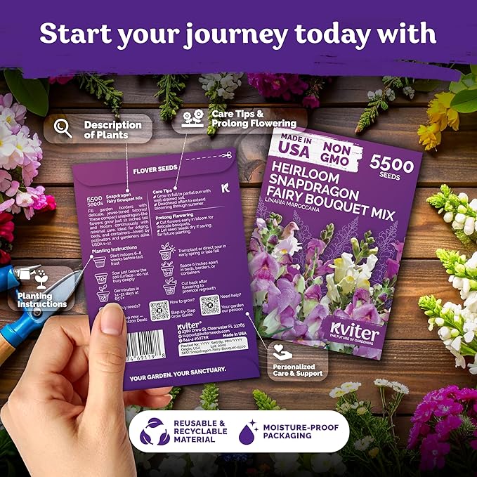 KVITER 5,500 Fairy Bouquet Mix Snapdragon Seeds for Planting (Linaria Maroccana) – Known as Toadflax, Heirloom & Organic – Flower Seeds to Plant Outside & Inside – Garden, Containers, Borders, Beds