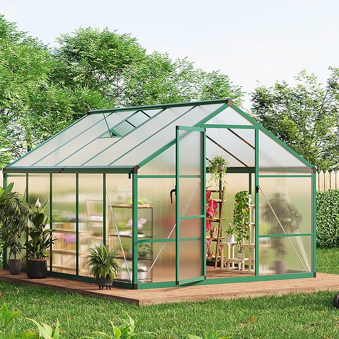 8x10 FT Walk in Greehouses for Outdoors, Sunroom with Roof Vent, Groud Nail, Lockable Push Door, Aluminum Frame and Poly Carbonate Material with Quick Setup Graden, Vegetable Garden and Leisure Room