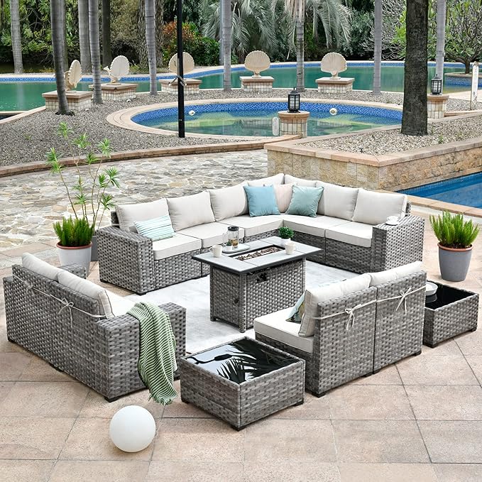 HOOOWOOO 13 Piece Modular Patio Outdoor Sectional Furniture Set with Gas Propane Fire Pit Table,Wicker Conversation Sofa Set,Out Door Couch Set with Wide Arm Outside(Beige)