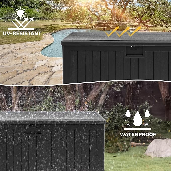 DWVO 150 Gallon Resin Outdoor Storage Box, XXL Double-Wall Waterproof Deck Box, Doubles as Table or Seating with 1000 lbs Capacity, Lockable (Black)