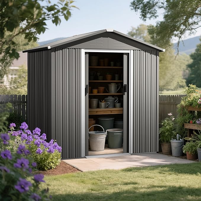 Nuu Garden 6 x 4 FT Outdoor Storage Shed with Sliding Doors, Galvanized Sheet Outdoor Shed with Sloping Roof, Anti-Corrosion Garden Shed with Air Vents for Backyard Patio Lawn, Gray