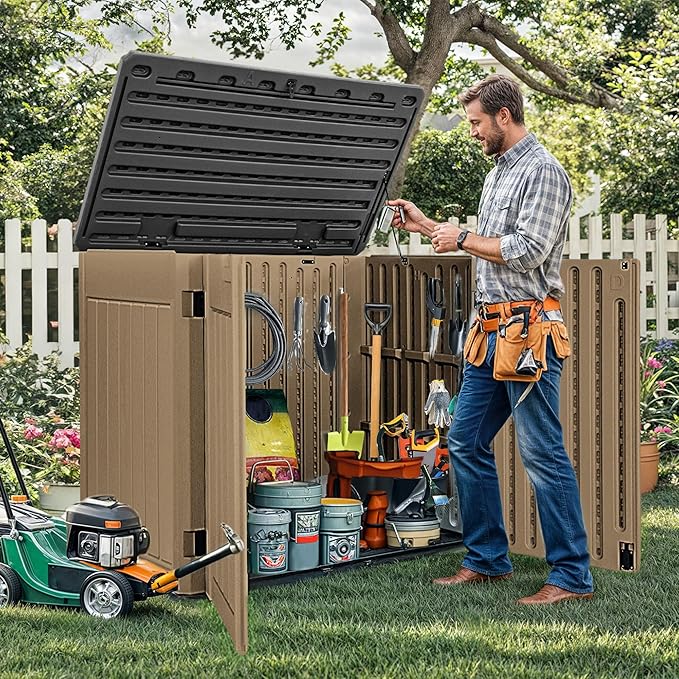 DWVO 47 cu ft Spacious Horizontal Storage Unit, Outdoor Resin Tool Locker Without Shelf, Waterproof Lockable Container with Base for Gardening, Waste Bins, Grass Cutter, 4.5x2.8x3.9 ft, Brown