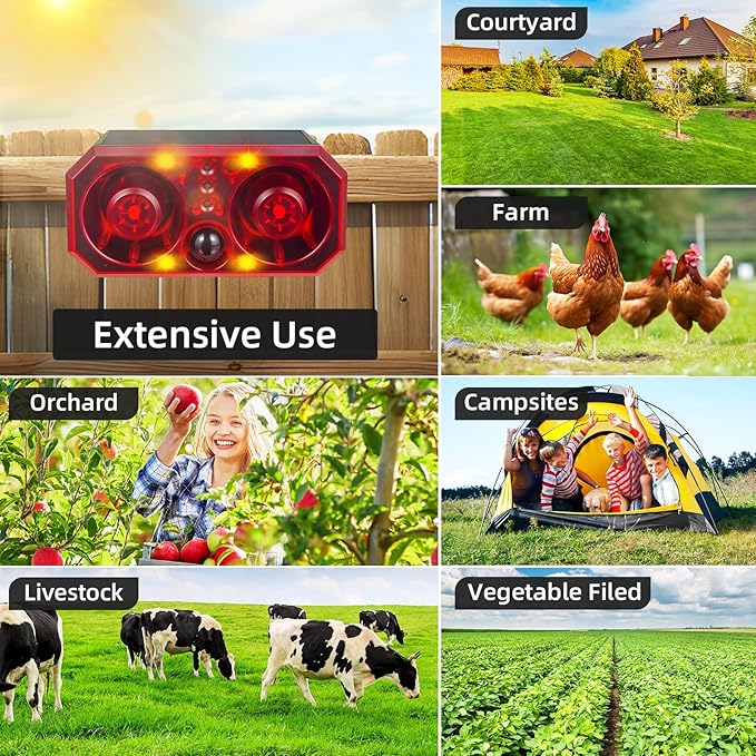 Solar Outdoor Cat Deterrent for Yard - Customizable Recording, Adjustable Volume, Multiple Modes, Ultrasonic Cat Deterrent for Farm, Pond, and Orchard Security with USB Charging and Remote Control