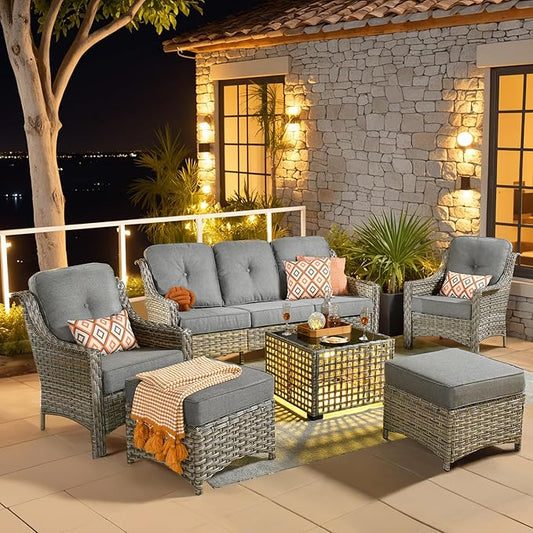6 Pieces Patio Outdoor Furniture Set,All Weather Wicker Rattan Patio Seating Sofa and Chair Set w/Ottoman and Glowing Coffee Table,Outdoor Conversation Sets for Deck Yard Garden,Dark Grey