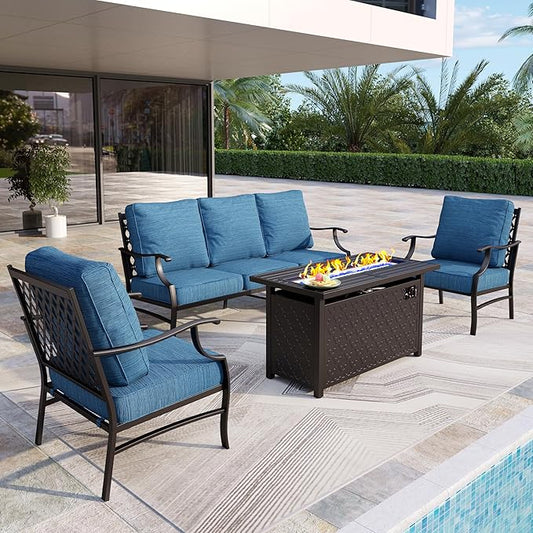 Patio Furniture Set, 4 Pcs Metal Outdoor Conversation Set, 2 Single Chairs and 3 Seater Sofa with 5.75" Extra Thick Cushion and Gas Fire Pit Table for Backyard Deck, Gemstone Blue