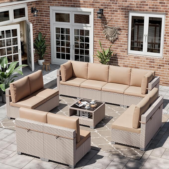 11 Pieces Patio Furniture Set, Outdoor Sectional Wicker Sofa with Thick Cushions and Storage Coffee Table, Rattan Patio Conversation Sets for Deck Garden Poolside, Khaki
