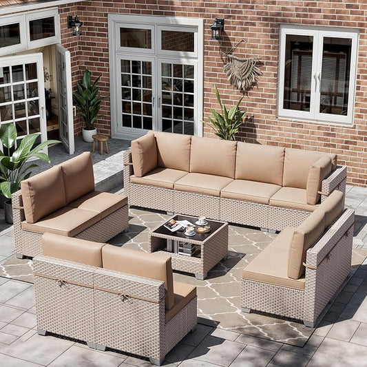 11 Pieces Patio Furniture Set, Outdoor Sectional Wicker Sofa with Thick Cushions and Storage Coffee Table, Rattan Patio Conversation Sets for Deck Garden Poolside, Khaki