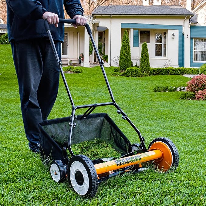 Walensee 18-Inch 5-Blade Push Reel Lawn Mower, Cordless Manual Reel Lawn Mower Walk-Behind Steel Lawn Mowers with Removable 10-Gallon Grass Catcher, Sponge Grip, 9-Position Cutting Height Adjustment