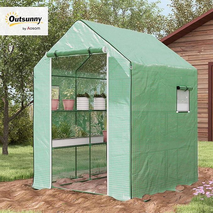 Outsunny 4.6' x 4.7' Portable Greenhouse, Water/UV Resistant Walk-in Small Outdoor Green House with 2 Tier U-Shaped Flower Rack Shelves, Roll Up Door & Windows, Green