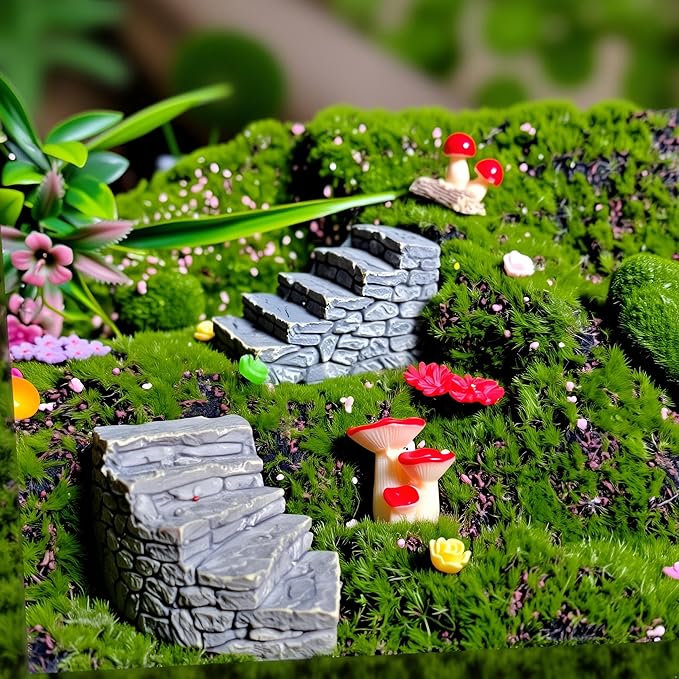 Kai Dream Fairy Garden Accessories, Fairy Garden Kit, 118 Pieces of Miniature Decor: Mushrooms, Bridge, Steps, Moss, Furniture Figurines, Fake Fence, Flowers, and Blue Crystal Gravel
