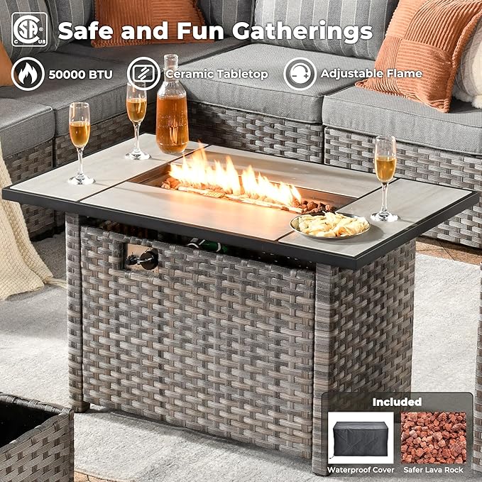 ovios 13 Pieces Patio Furniture Set, Outdoor Wicker Sectional Sofa with 42 Inch Fire Pit Table Comfy Cushions, Modern Modular Deep Seat Rattan Couch Conversation Set, Dark Gray Stripe