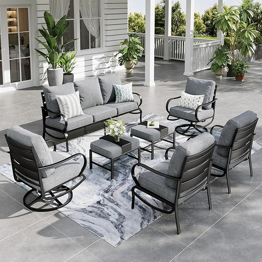 Sophia & William Patio Furniture Sets for 7 Outdoor Conversation Set 7 Pcs with 2 x Swivel Chairs, 2 x Armrest Sofa, 1 x 3-Seat Cushion Chairs, 2 x Ottomans for Coffee Garden Backyard Poolside Grey