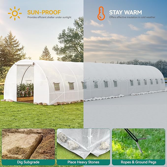 YITAHOME 44x10x7ft Greenhouse Extra Large Heavy Duty 4 Zipper Doors Outdoor Greenhouses 24 Windows Walk in Tunnel Green House Plant Gardening Upgraded Galvanized Steel Frame for Garden, White