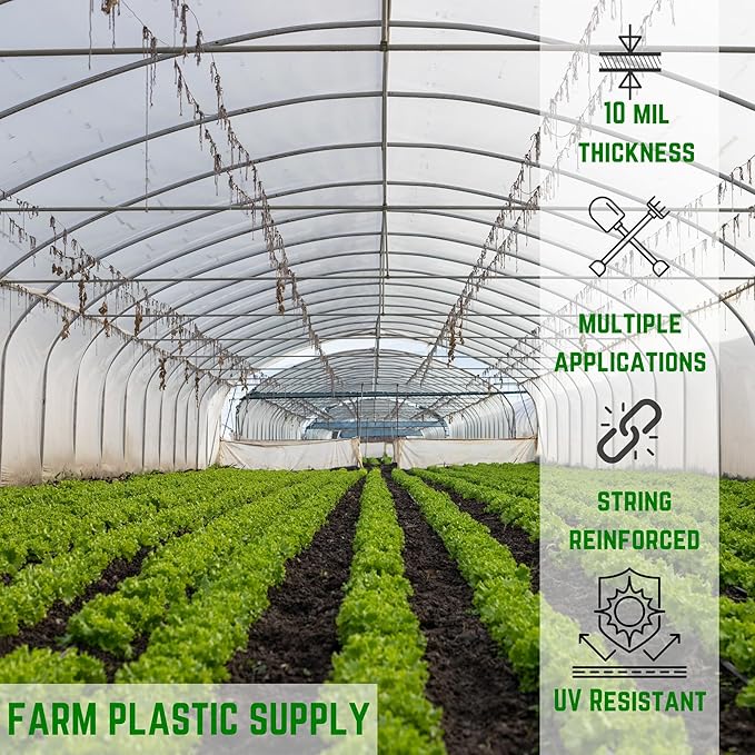 Farm Plastic Supply - String Reinforced 4 Year UV Resistant 10 mil Clear Greenhouse Plastic Sheeting - 4 Year UV Resistant Polyethylene Greenhouse Film, Hoop House Green House Cover (60' x 25')
