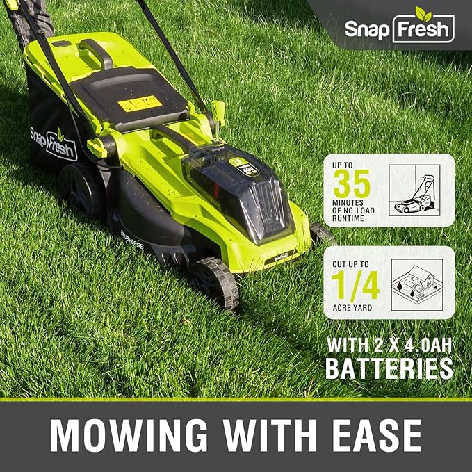 SnapFresh Electric Lawn Mower - 40V 16” Cordless Lawn Mower with 4.0Ah Battery x 2 and Fast Charger Included - Battery Operated Push Lawn Mowers with Bagger, Brushless Motor