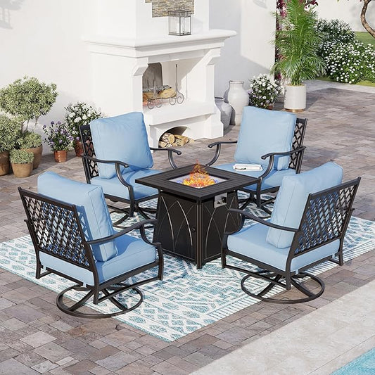5 Piece Metal Outdoor Patio Furniture Set with Fire Pit Table, Patio Conversation Sets 4 Swivel Chairs with 5.75" Thick Cushion and 5000 BTU Fire Pit Table, Backyard Furniture, Blue