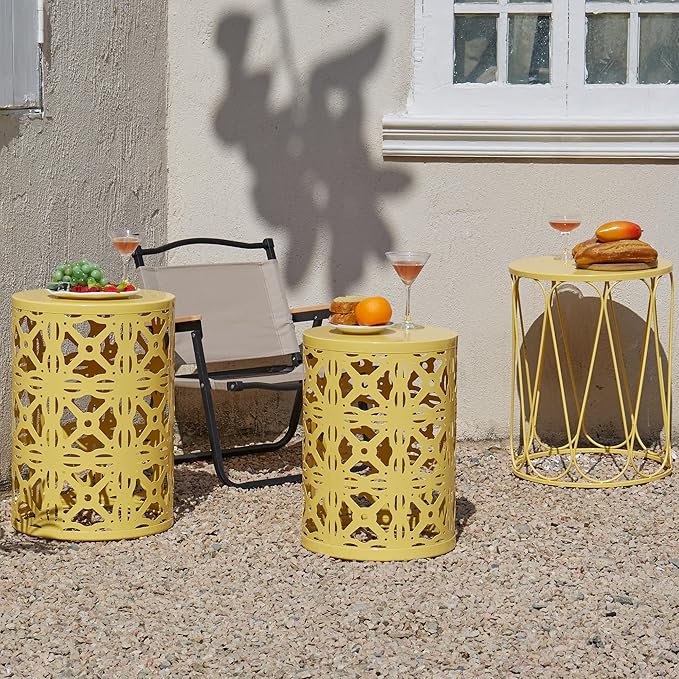 Y&M Set of 3 Stacking Coffee Table for Living Room, Patio Side Table,Indoor End Tables for Bedroom, Outdoor Decorative Garden Stool with Heavy Duty Metal Frame Modern Industrial Decor - Yellow