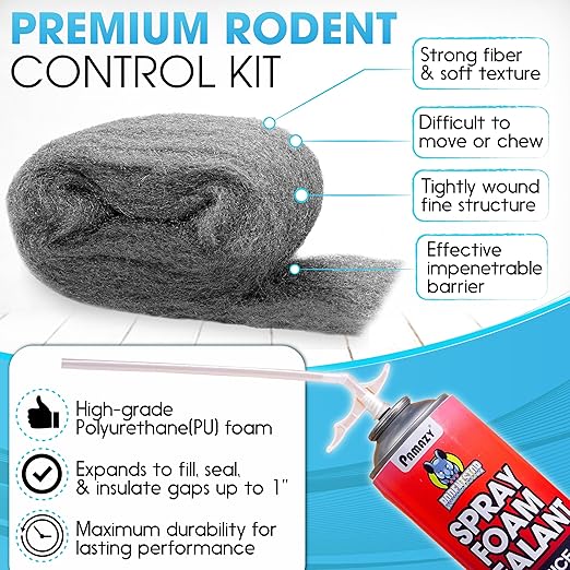 [Upgraded] Rodent Barrier Kit, 2Pcs Steel Wool Included 2Pcs PU Spray Foam for Mice Control, 3.2"x7.5’ Rodent Control Fill Fabric, Gloves, Scissors, Gap Blocker in Hole Pipeline Vent in House, Garage