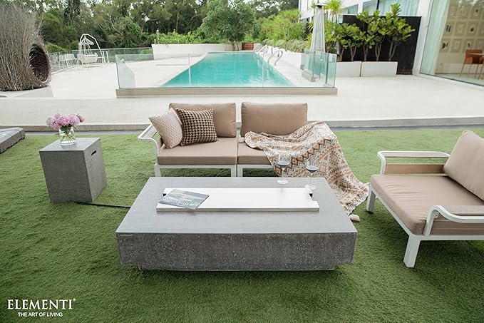 Elementi | Bundle Hampton Gas Fire Pit Cast Concrete 56" Rectangular Fire Table, Outdoor Fire Pit Electronic Ignition | Canvas Cover, Lava Rock Included | Light Gray (Propane Gas)