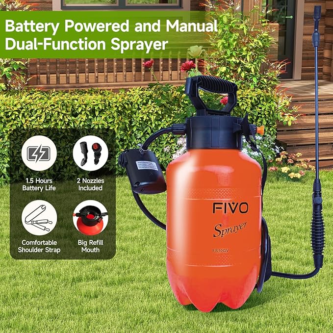Battery Powered and Manual Sprayer (Dual Function) for Yard, Garden and Agriculture 1.35 Gallon