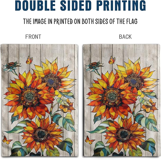 Stained Glass Sunflower Fall Garden Flag Autumn Flower Yard Signs for Outside 12x18 Double Sided Small Thanksgiving Monarch Butterfly Banner Outdoor Farmhouse Decorations