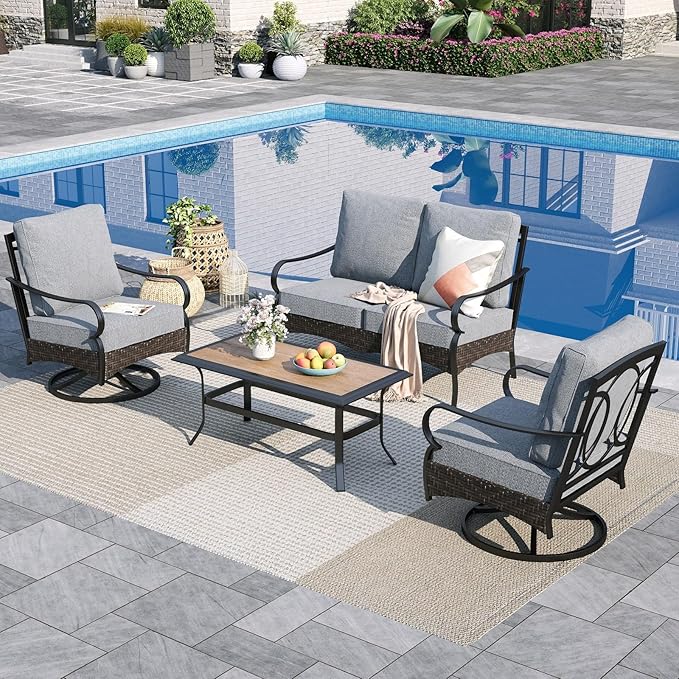 Sophia & William Patio Furniture Set, 4 Piece Metal Outdoor Conversation Set with 2-Seater Outdoor Couch, 2 Swivel Chairs, 1 Coffee Table for Outdoor Seating, Backyard, Porch(Grey)