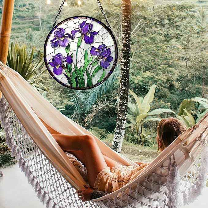 Stained Glass Window Hanging - Purple Iris Flower Sun Catcher for Door Terrace Garden Home Decor, Green Plants Suncatcher Birthday Gifts for Lovers Women Men Dad Mom Nana 7.8 in