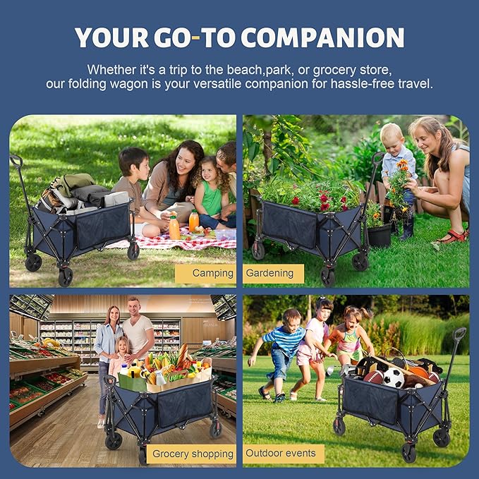 Collapsible Folding Wagon Cart, 220LBS Heavy Duty Foldable Utility Garden Cart with All Terrain Wheels & Side Storage Bag, Portable Sports Wagon for Camping, Shopping, Garden.(Blue)