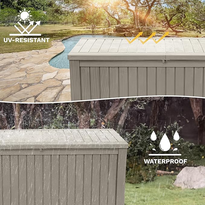 DWVO 150 Gallon XL Deck Box with Divider & Lockable Lid, Waterproof Resin Outdoor Storage for Patio, Garden, Poolside, Cushions, Supplies & Sports Gear, Light Brown